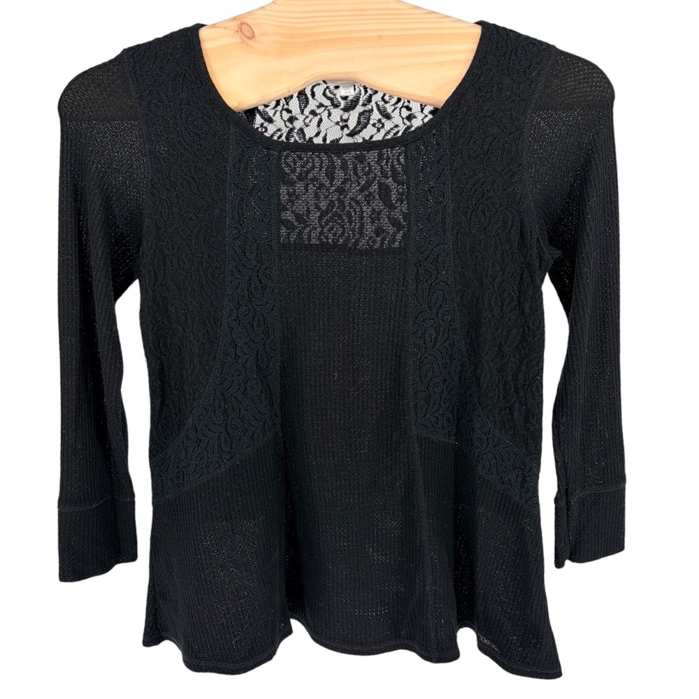 Avenue Lace Inset Waffle Knit Top 14/16 Black 3/4 Sleeve Scoop Neck Boho